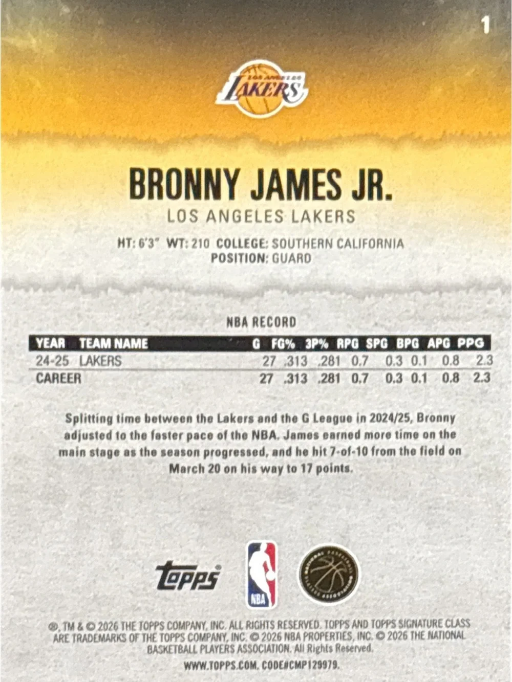 Topps Bronny James Jr Lakers Trading Card